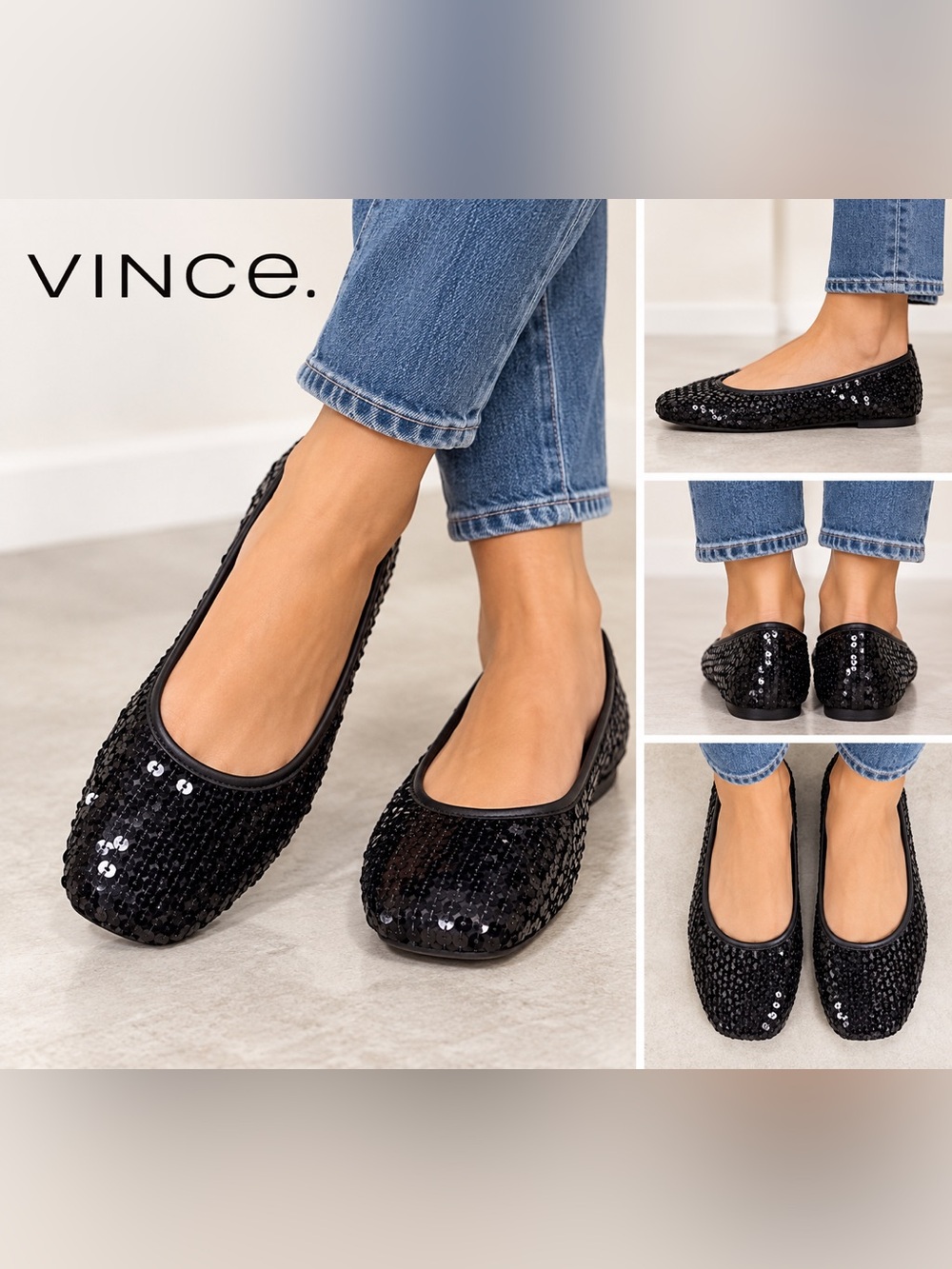 Vince Women’s Black Sequin Square Toe Ballet Flats Size 6.5M NWOB